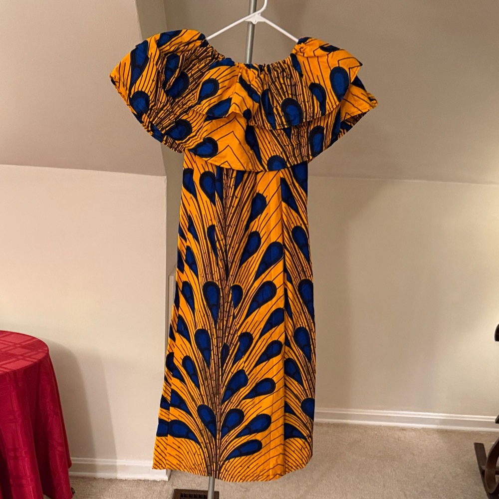 Bold African Print Off-Shoulder Dress in Yellow and Blue